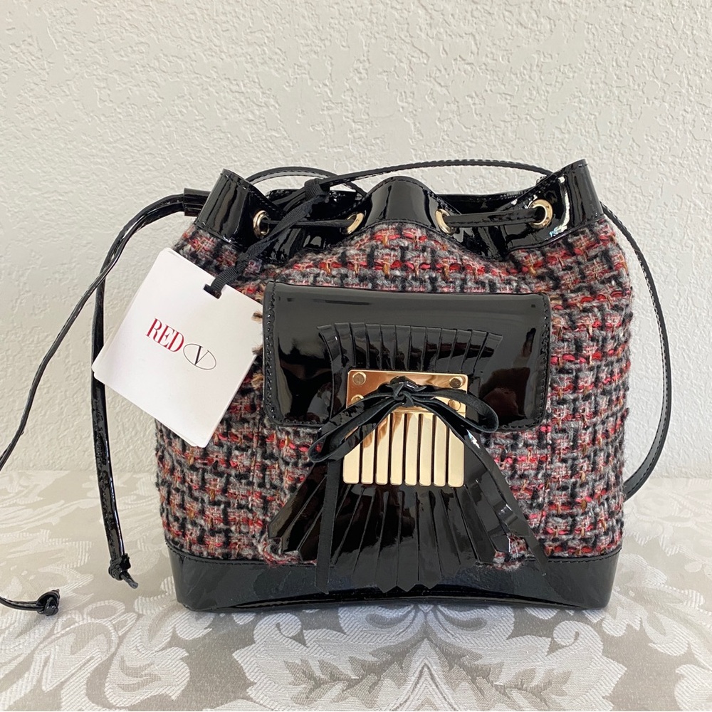 Red Valentino tweed and leather bucket bag